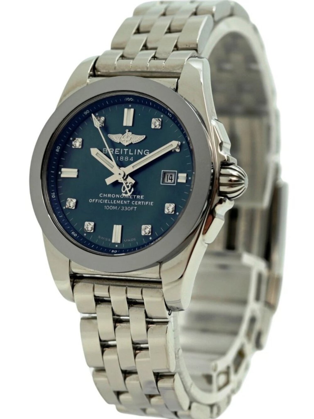 Breitling 29mm Ladies Galactica 29 Blue MOP Diamond Dial SS Watch! Ref: W72348!